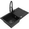 Mexen Pablo single-bowl granite sink with drainer and Aster kitchen tap, black - 6510-77-73450-70-B
