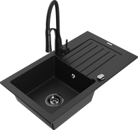 Mexen Pablo Granite Kitchen Sink 1-Bowl with Drainer and Aster Kitchen Faucet, Black - 6510-77-73450-70-B