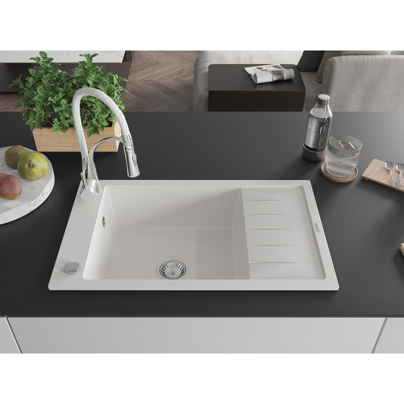 Mexen Elias 1-bowl granite sink with drainer and Aster kitchen faucet, white - 6511-20-73450-02