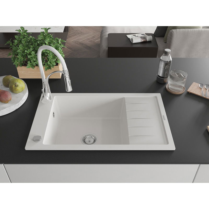 Mexen Elias granite sink 1-bowl with drainer and Aster kitchen tap, white - 6511-20-73450-02