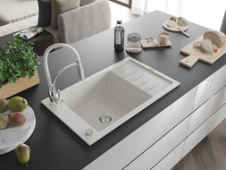 Mexen Elias 1-compartment granite sink with a drip tray and kitchen mixer tap Aster, White - 6511-20-73450-02