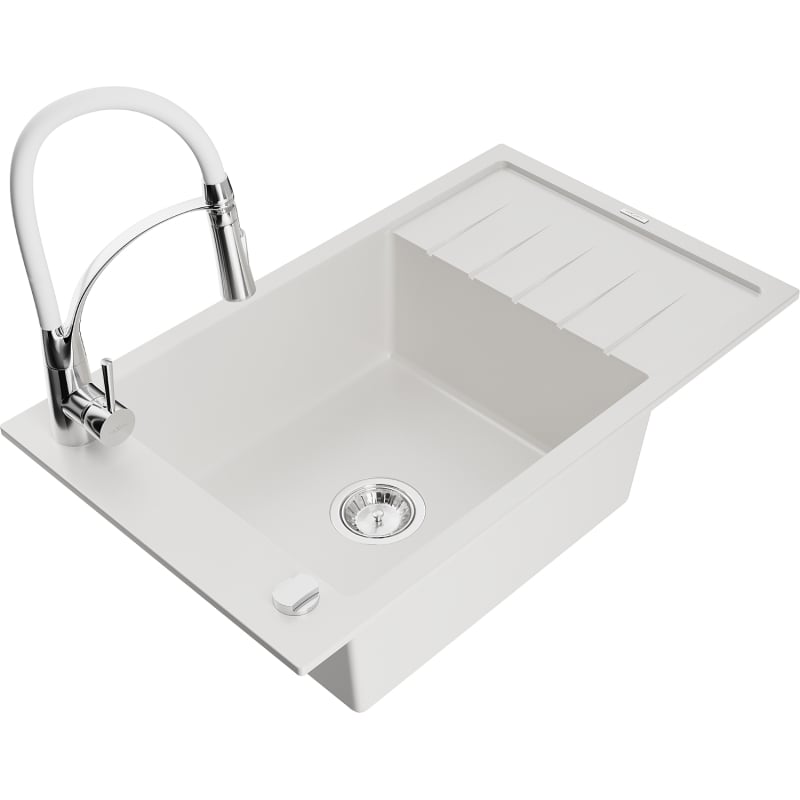 Mexen Elias 1-bowl granite sink with drainer and Aster kitchen faucet, white - 6511-20-73450-02