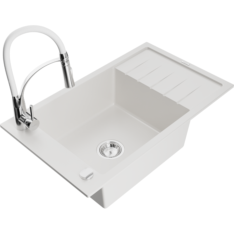 Mexen Elias 1-compartment granite sink with a drip tray and kitchen mixer tap Aster, White - 6511-20-73450-02