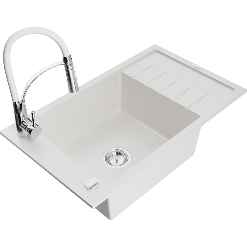 Mexen Elias granite sink 1-bowl with drainer and Aster kitchen tap, white - 6511-20-73450-02