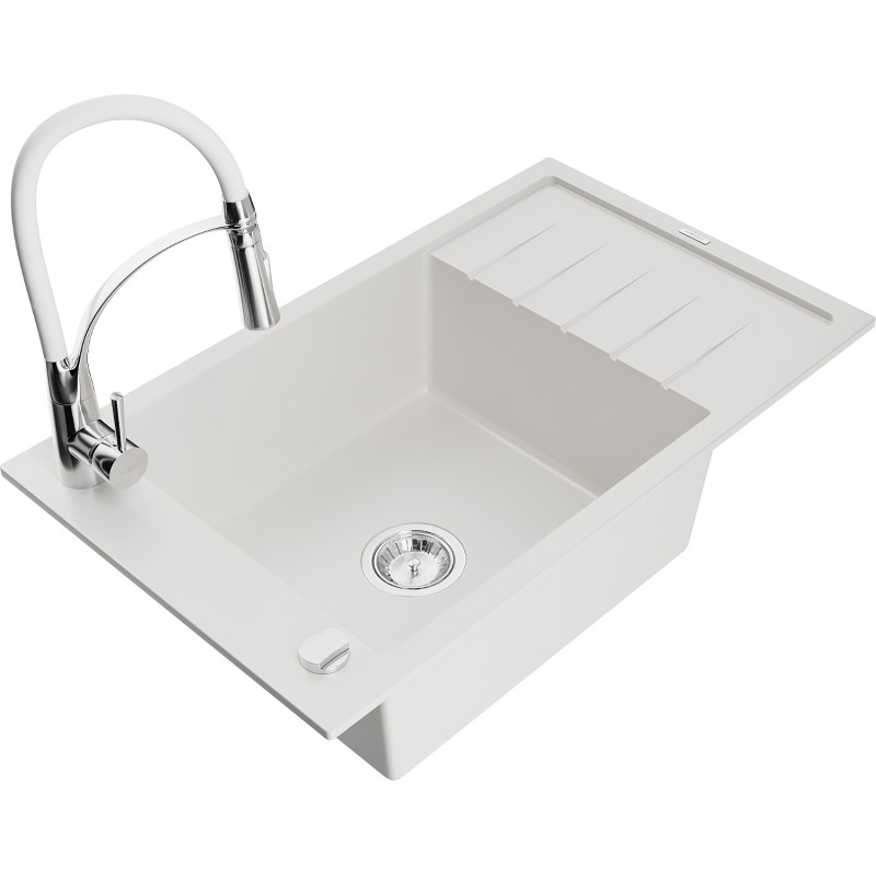 Mexen Elias single-bowl granite sink with drainer and kitchen faucet Aster, white - 6511-20-73450-02
