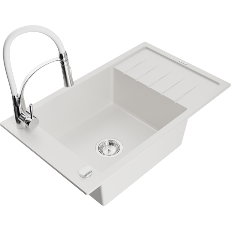Mexen Elias 1-bowl granite sink with drainer and Aster kitchen faucet, white - 6511-20-73450-02