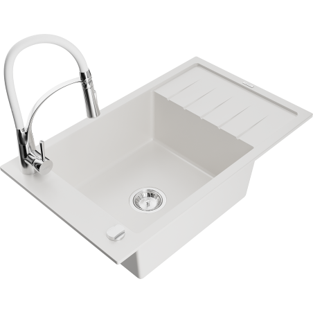 Mexen Elias 1-compartment granite sink with a drip tray and kitchen mixer tap Aster, White - 6511-20-73450-02
