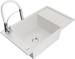 Mexen Elias 1-bowl granite sink with drainer and Aster kitchen faucet, white - 6511-20-73450-02