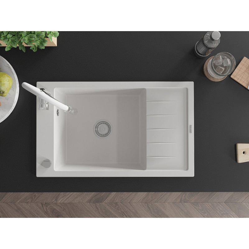 Mexen Elias single-bowl granite sink with drainer and kitchen faucet Aster, white - 6511-20-73450-02