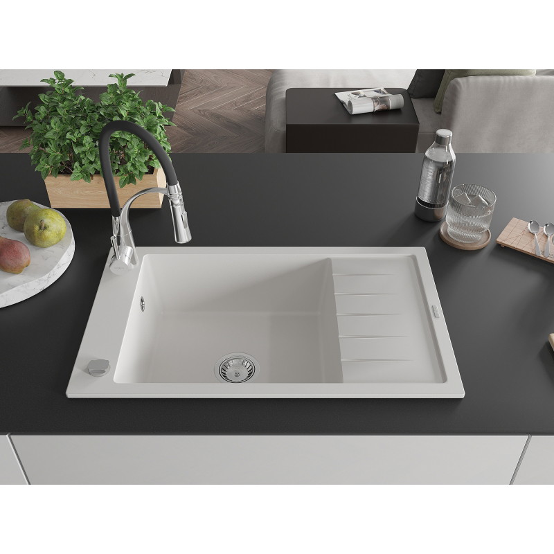 Mexen Elias 1-Bowl Granite Sink with Drainer and Kitchen Faucet Aster, White - 6511-20-73450-07