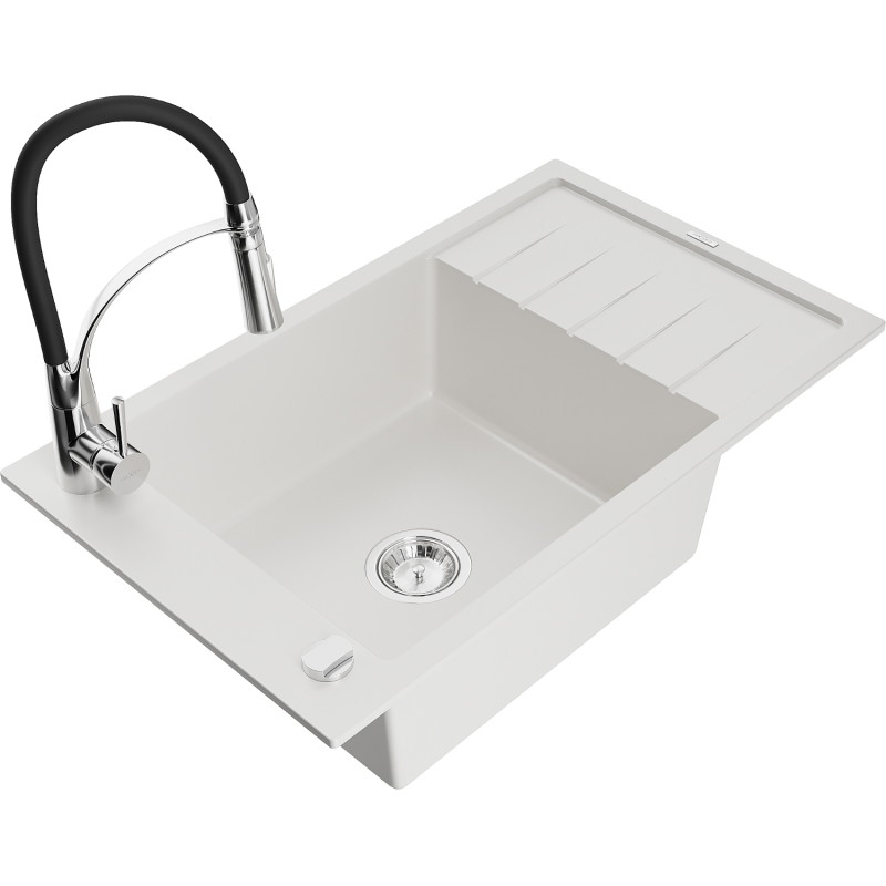 Mexen Elias 1-Bowl Granite Sink with Drainer and Kitchen Faucet Aster, White - 6511-20-73450-07