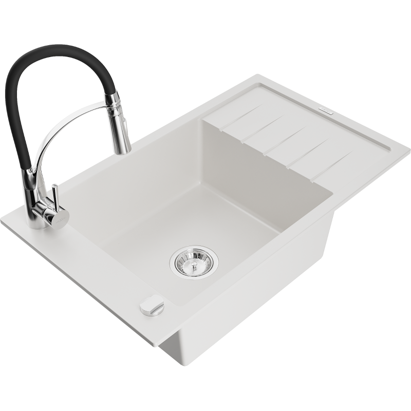 Mexen Elias 1-compartment granite sink with a drip tray and kitchen mixer tap Aster, White - 6511-20-73450-07