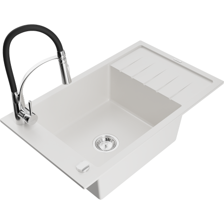 Mexen Elias 1-compartment granite sink with a drip tray and kitchen mixer tap Aster, White - 6511-20-73450-07