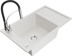 Mexen Elias single-bowl granite sink with drainer and Aster kitchen tap, white - 6511-20-73450-07