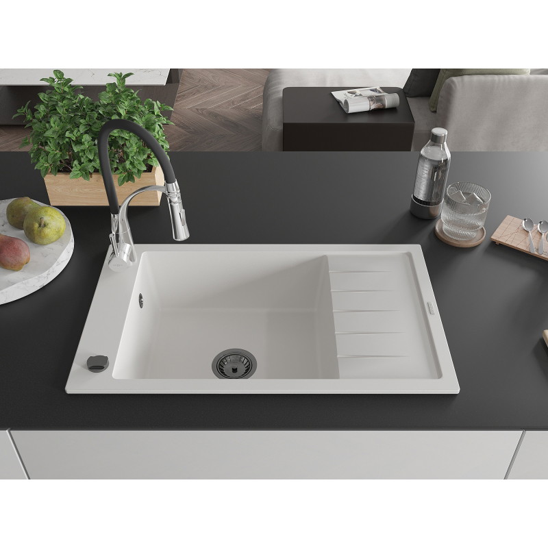 Mexen Elias granite sink single-bowl with drainer and kitchen faucet Aster, white - 6511-20-73450-07-B