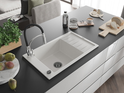 Mexen Elias 1-compartment granite sink with a drip tray and kitchen mixer tap Aster, White - 6511-20-73450-07-B