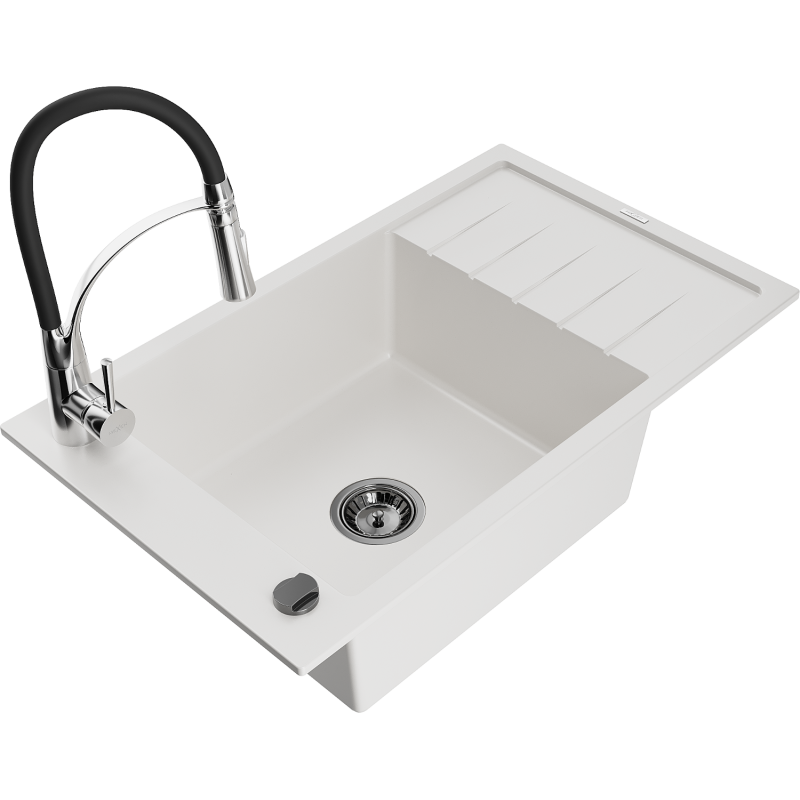 Mexen Elias 1-compartment granite sink with a drip tray and kitchen mixer tap Aster, White - 6511-20-73450-07-B