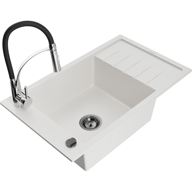 Mexen Elias granite kitchen sink 1-bowl with drainer and Aster kitchen faucet, white - 6511-20-73450-07-B