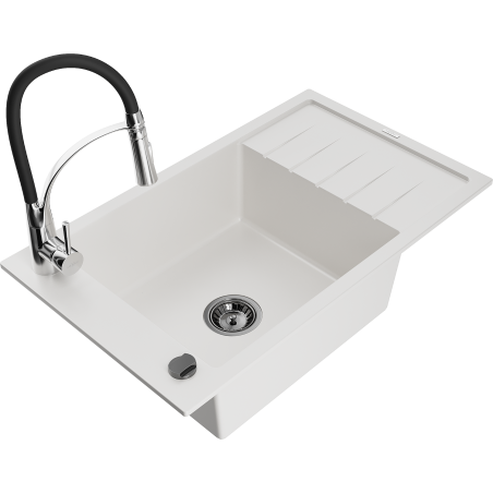 Mexen Elias granite kitchen sink 1-bowl with drainer and Aster kitchen faucet, white - 6511-20-73450-07-B