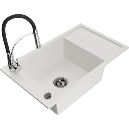 Mexen Elias granite sink single-bowl with drainer and kitchen faucet Aster, white - 6511-20-73450-07-B
