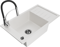 Mexen Elias granite sink single-bowl with drainer and kitchen faucet Aster, white - 6511-20-73450-07-B