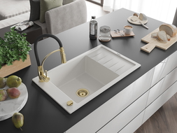Mexen Elias 1-compartment granite sink with a drip tray and kitchen mixer tap Aster, White - 6511-20-73450-57-G