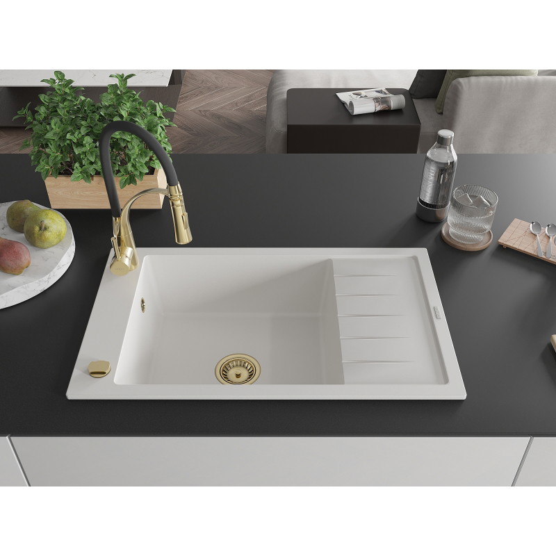 Mexen Elias granite sink 1-bowl with drainer and Aster kitchen faucet, white - 6511-20-73450-57-G