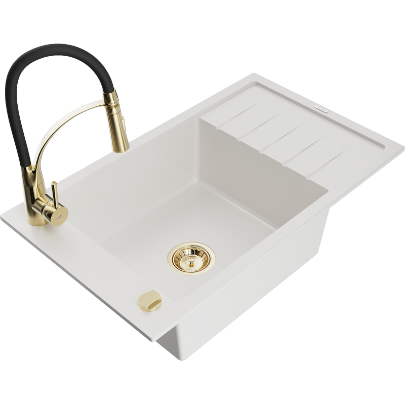 Mexen Elias 1-compartment granite sink with a drip tray and kitchen mixer tap Aster, White - 6511-20-73450-57-G