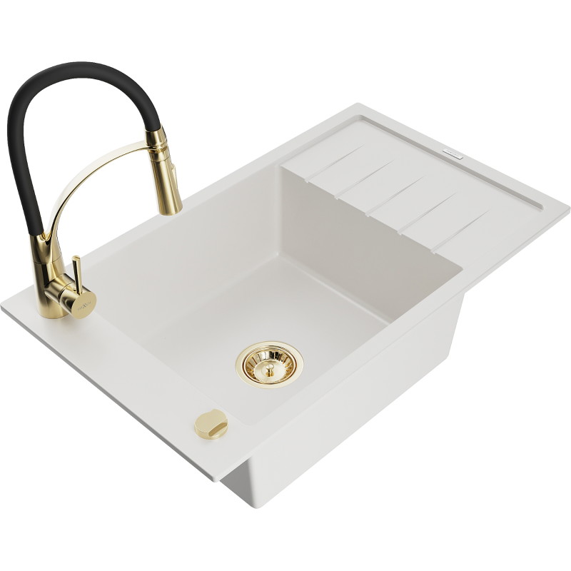Mexen Elias granite sink 1-bowl with drainer and Aster kitchen faucet, white - 6511-20-73450-57-G