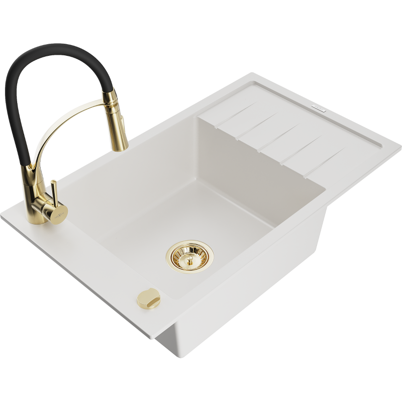 Mexen Elias granite sink 1-bowl with drainer and Aster kitchen tap, white - 6511-20-73450-57-G