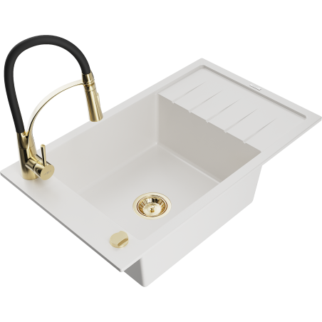 Mexen Elias 1-compartment granite sink with a drip tray and kitchen mixer tap Aster, White - 6511-20-73450-57-G