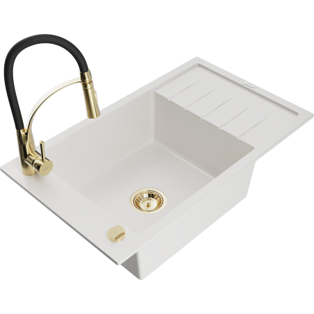 Mexen Elias granite sink 1-bowl with drainer and Aster kitchen tap, white - 6511-20-73450-57-G