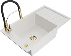 Mexen Elias granite sink 1-bowl with drainer and Aster kitchen faucet, white - 6511-20-73450-57-G