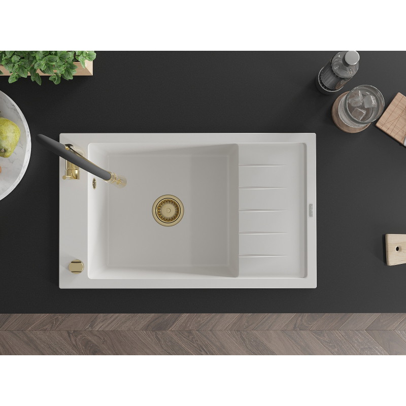 Mexen Elias granite kitchen sink 1-bowl with drainer and kitchen faucet Aster, white - 6511-20-73450-57-G
