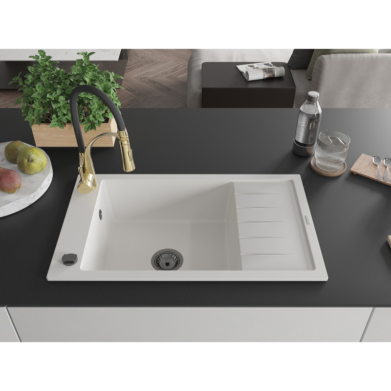 Mexen Elias 1-bowl granite sink with drainer and kitchen faucet Aster, white - 6511-20-73450-57-B