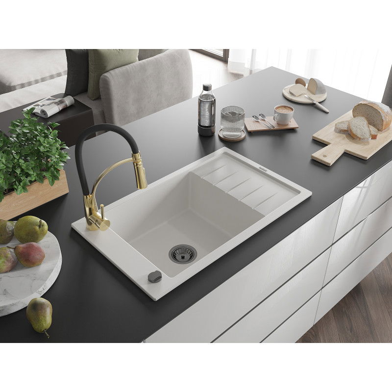 Mexen Elias 1-bowl granite sink with drainer and Aster kitchen tap, white - 6511-20-73450-57-B