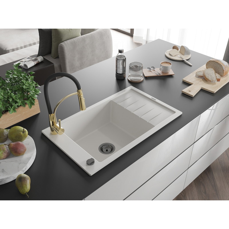 Mexen Elias 1-bowl granite sink with drainer and kitchen faucet Aster, white - 6511-20-73450-57-B