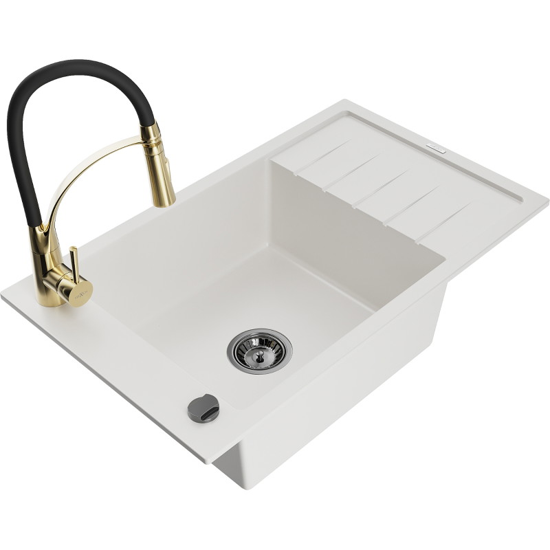 Mexen Elias 1-Bowl Granite Sink with Drainer and Aster Kitchen Faucet, White - 6511-20-73450-57-B