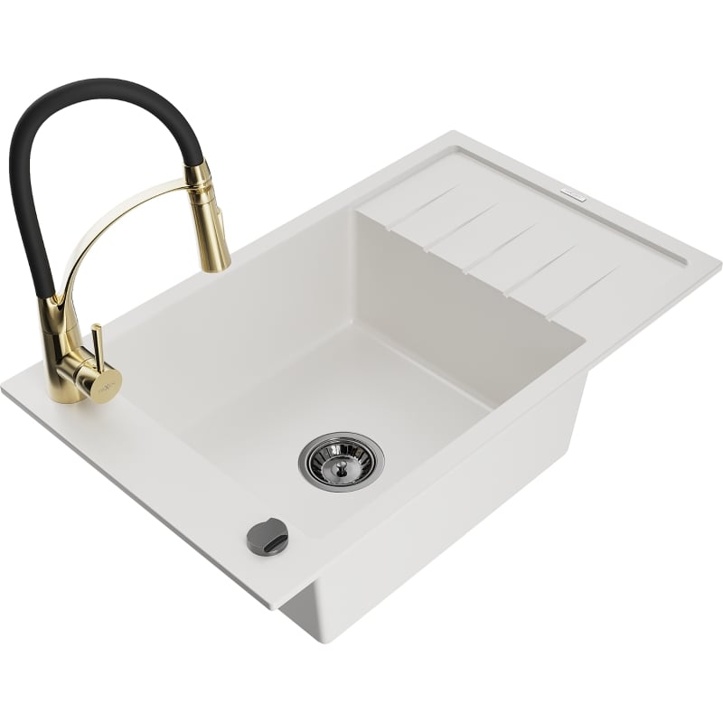 Mexen Elias 1-bowl granite sink with drainer and kitchen faucet Aster, white - 6511-20-73450-57-B