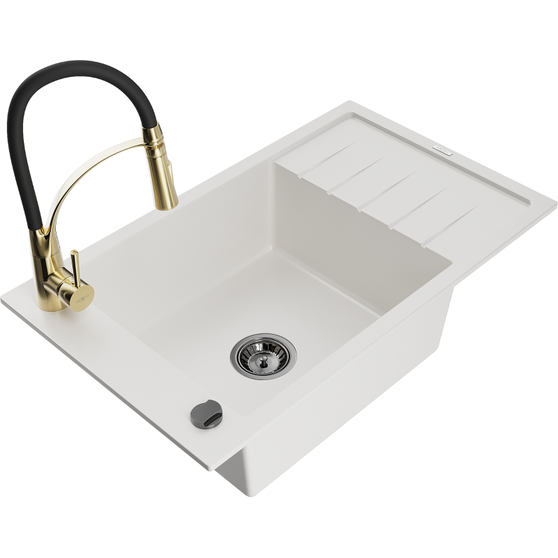 Mexen Elias 1-compartment granite sink with a drip tray and kitchen mixer tap Aster, White - 6511-20-73450-57-B