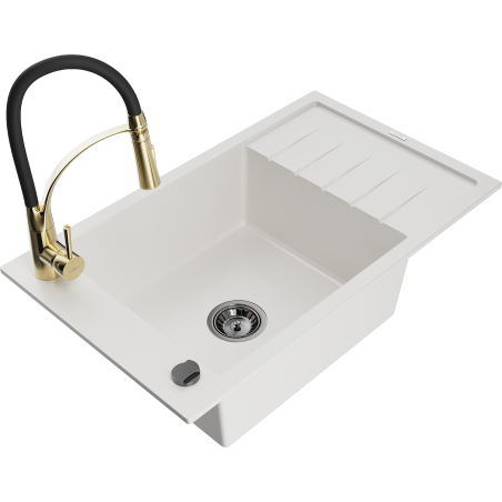 Mexen Elias 1-bowl granite sink with drainer and kitchen faucet Aster, white - 6511-20-73450-57-B