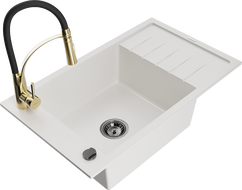 Mexen Elias 1-bowl granite sink with drainer and Aster kitchen tap, white - 6511-20-73450-57-B