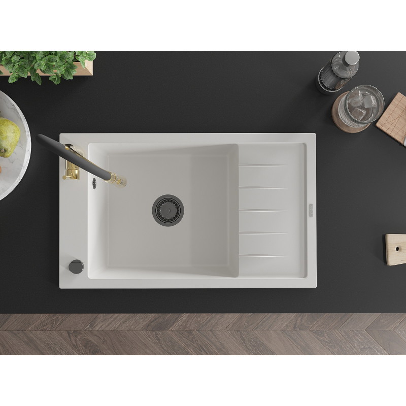 Mexen Elias 1-Bowl Granite Sink with Drainer and Aster Kitchen Faucet, White - 6511-20-73450-57-B