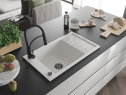 Mexen Elias 1-bowl granite sink with drainer and Aster kitchen faucet, white - 6511-20-73450-70-B