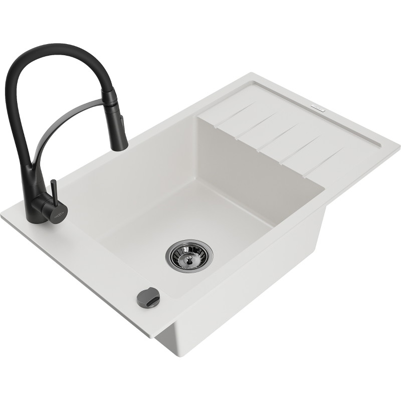 Mexen Elias 1-bowl granite sink with drainer and Aster kitchen faucet, white - 6511-20-73450-70-B