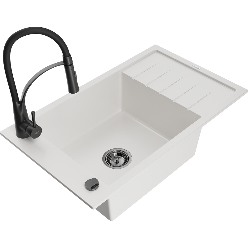 Mexen Elias granite kitchen sink 1-bowl with drainer and Aster kitchen tap, white - 6511-20-73450-70-B