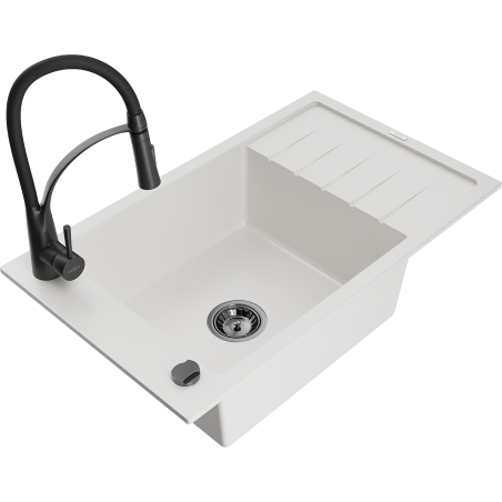 Mexen Elias granite kitchen sink 1-bowl with drainer and Aster kitchen tap, white - 6511-20-73450-70-B