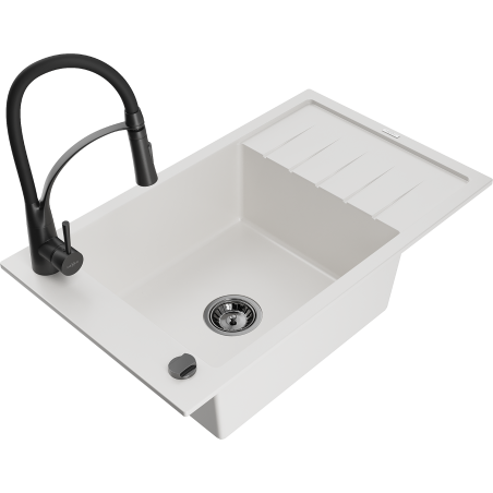 Mexen Elias granite sink 1-bowl with drainer and Aster kitchen faucet, white - 6511-20-73450-70-B