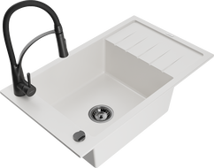 Mexen Elias 1-bowl granite sink with drainer and Aster kitchen faucet, white - 6511-20-73450-70-B