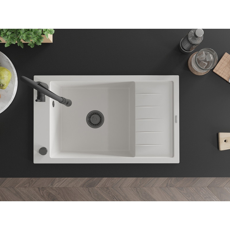 Mexen Elias granite sink 1-bowl with drainer and Aster kitchen faucet, white - 6511-20-73450-70-B